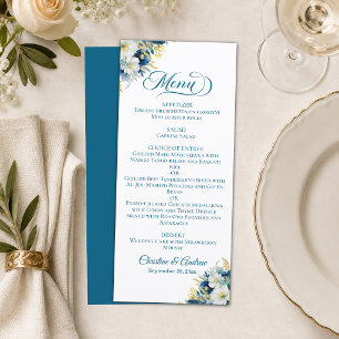 Elegant Dusty Blue Gold Glitter Floral Wedding Menu