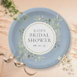Elegant Dusty Blue Gold Greenery Bridal Shower  Paper Plate<br><div class="desc">Featuring delicate watercolor greenery leaves on a dusty blue background,  these chic botanical bridal shower paper plates can be personalized with your special bridal shower details. Designed by Thisisnotme©</div>