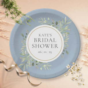 Elegant Dusty Blue Gold Greenery Bridal Shower Paper Plate