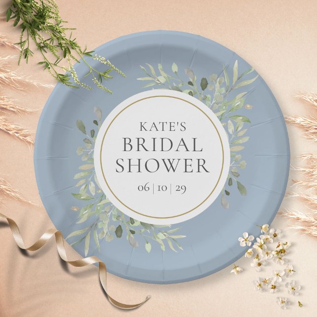 Elegant Dusty Blue Gold Greenery Bridal Shower  Paper Plate (Creator Uploaded)