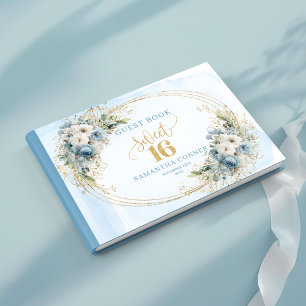 Elegant Dusty Blue Gold Greenery Sweet Sixteen  Guest Book