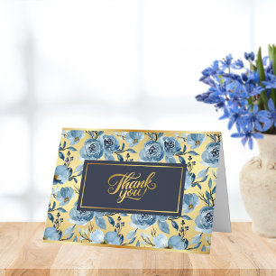 Elegant Dusty Blue Gold Rose Floral Personalize Thank You Card