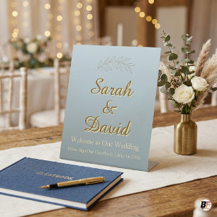 Elegant Dusty Blue & Gold Wedding Guestbook Tablet Pedestal Sign