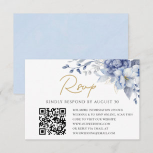 Elegant Dusty Blue gold Wedding QR code RSVP Card