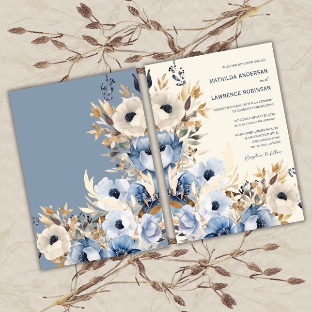 Elegant Dusty Blue Gold Winter Floral Wedding Invitation (Elegant Gold Dusty Blue Floral Winter Wedding Invitation)