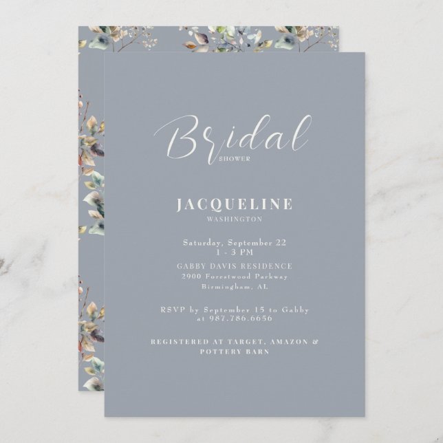 Elegant Dusty Blue Greenery Bridal Shower Invitation (Front/Back)
