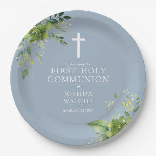 Elegant Dusty Blue Greenery First Holy Communion Paper Plate