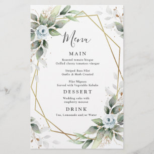 Elégant Dusty Blue Greenery Menu Mariage Dîner
