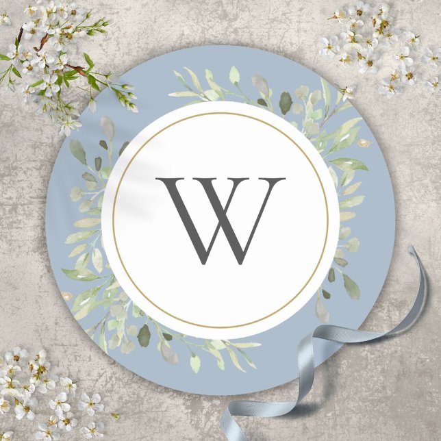 Elegant Dusty Blue Greenery Monogram Initial Classic Round Sticker (Elegant Dusty Blue Greenery Monogram Initial Classic Round Sticker)