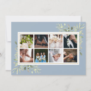 Elegant Dusty Blue Greenery Photo Collage Wedding Thank You Card