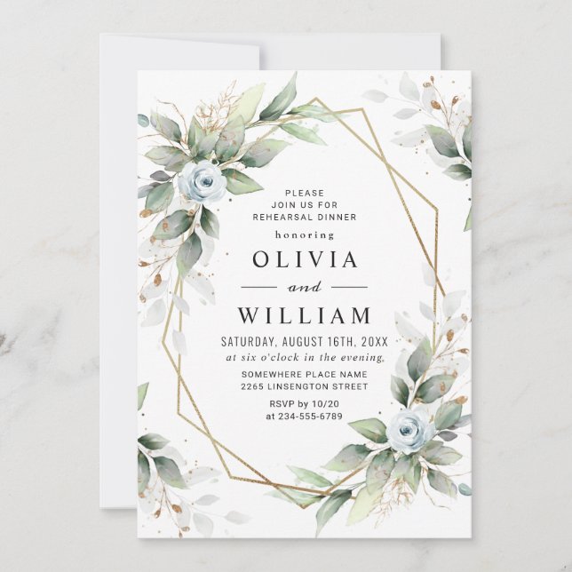 Elegant Dusty Blue  Greenery REHEARSAL DINNER Invitation (Front)