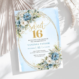 Elegant Dusty Blue Greenery Sweet 16th Birthday  Invitation
