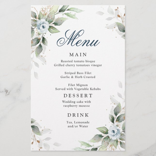 Elegant Dusty Blue Greenery Wedding Dinner Menu (Front)