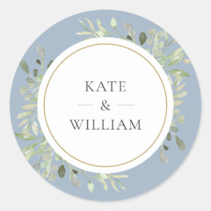 Elegant Dusty Blue Greenery Wedding Gold Favour  Classic Round Sticker