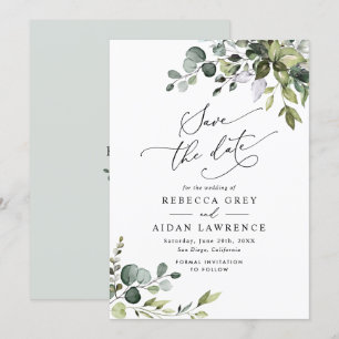 Elegant Dusty Blue Greenery Wedding Save the Date Invitation