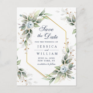 Elegant Dusty Blue  Greenery Wedding Save the Date Postcard