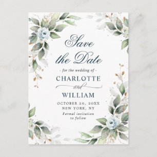 Elegant Dusty Blue  Greenery Wedding Save the Date Postcard