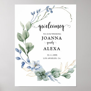 Elegant Dusty Blue Greenery Wedding Supplies Poster