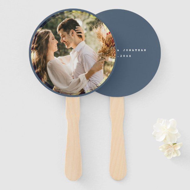 Elegant Dusty Blue Grey Couple Photo Wedding Favou Hand Fan (Front and Back)