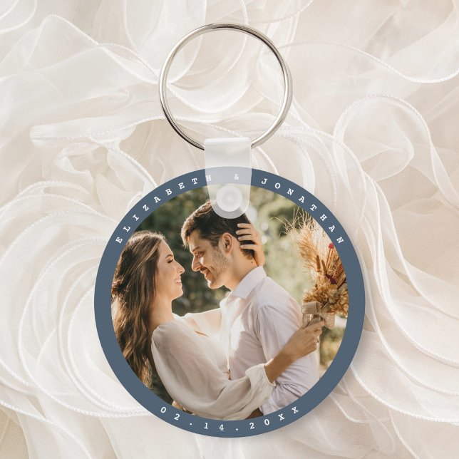 Elegant Dusty Blue Grey Couple Photo Wedding Favou Keychain (Creator Uploaded)