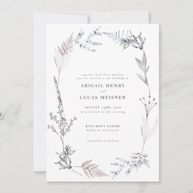 Elegant Dusty Blue Grey Wildflower Wedding Invitation (Front)