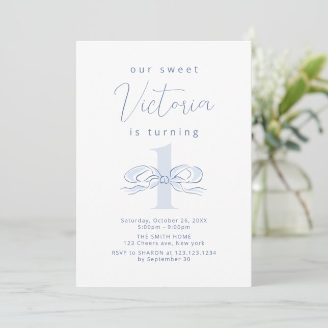 Elegant Dusty Blue Hand Drawn Bow 1st birthday Invitation (Standing Front)
