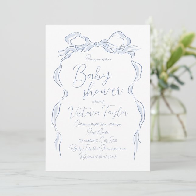 Elegant Dusty Blue Hand Drawn Bow Baby Shower Invitation (Standing Front)