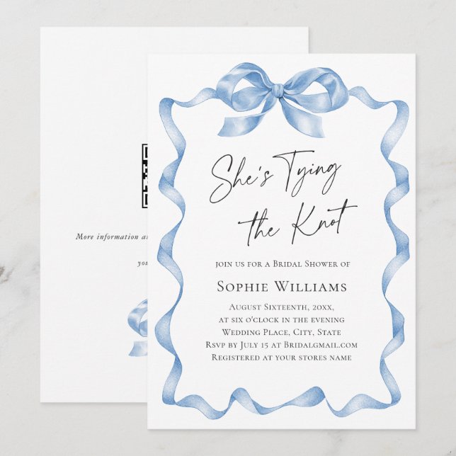 Elegant Dusty Blue Hand Drawn Bow Bridal Shower Invitation (Front/Back)