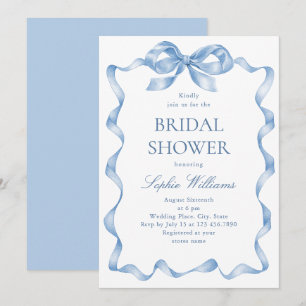 Elegant Dusty Blue Hand Drawn Bow Bridal Shower Invitation