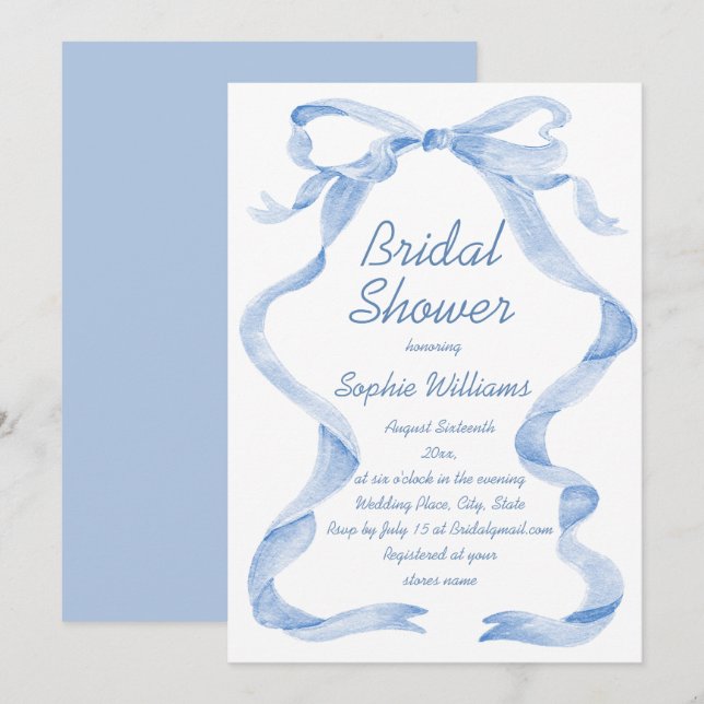 Elegant Dusty Blue Hand Drawn Bow Bridal Shower Invitation (Front/Back)