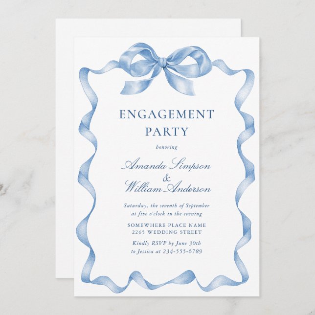 Elegant Dusty Blue Hand Drawn Bow Engagement Party Invitation (Front/Back)
