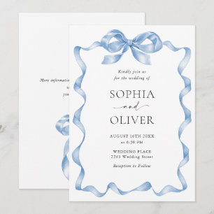 Elegant Dusty Blue Hand Drawn Bow Wedding Invitation