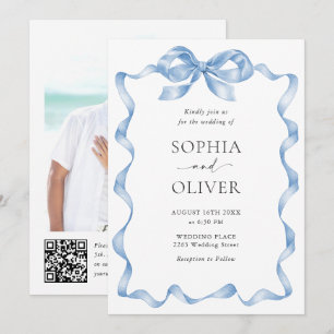 Elegant Dusty Blue Hand Drawn Bow Wedding Invitation