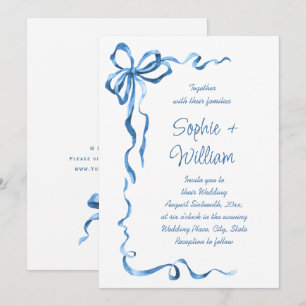 Elegant Dusty Blue Hand Drawn Bow Wedding Invitation