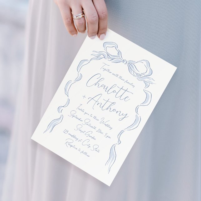 Elegant Dusty Blue Hand Drawn Bow Wedding Invitation (Elegant Dusty Blue Hand Drawn Bow Wedding Invitation)