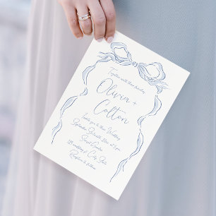 Elegant Dusty Blue Hand Drawn Bow Wedding Invitation