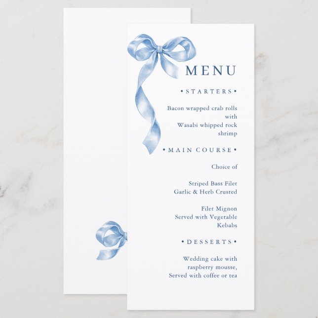 Elegant Dusty Blue Hand Drawn Bow Wedding Menu (Front/Back)