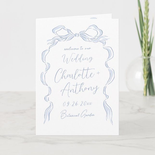 Elegant Dusty Blue Hand Drawn Bow Wedding Program (Front)