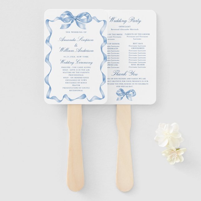 Elegant Dusty Blue Hand Drawn Bow Wedding Program Fan (Front and Back)