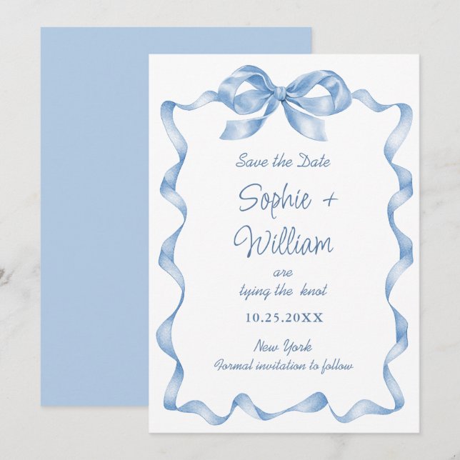Elegant Dusty Blue Hand Drawn Bow Wedding Save The Date (Front/Back)