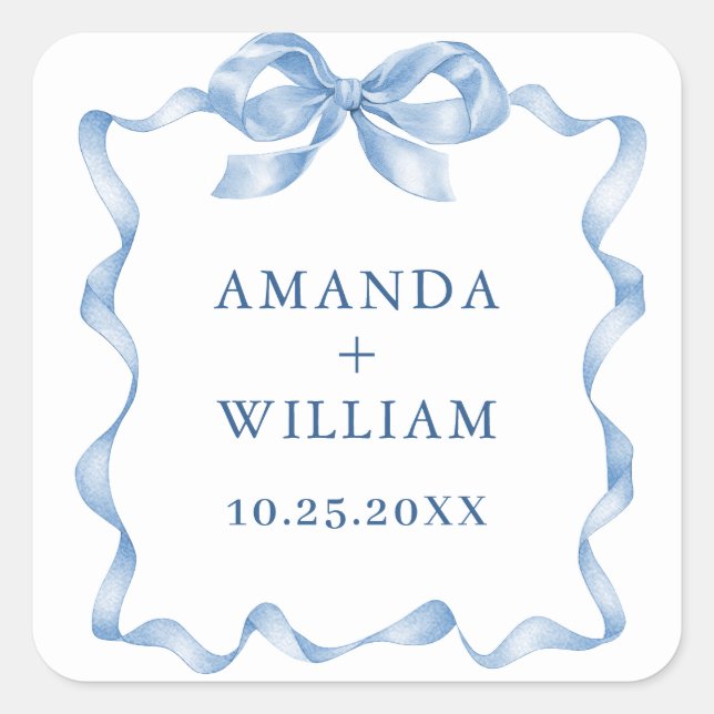 Elegant Dusty Blue Hand Drawn Bow Wedding Square Sticker (Front)