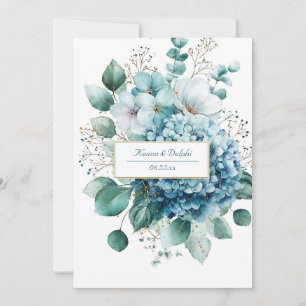 Elegant Dusty Blue Hydrangea Gold Floral Invitation