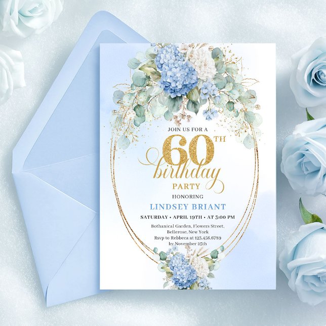 Elegant Dusty Blue Hydrangeas 60th Invitation (Blue hydrangea 60th birthday invitation,
unique digital printable download template,
Watercolor Soft)