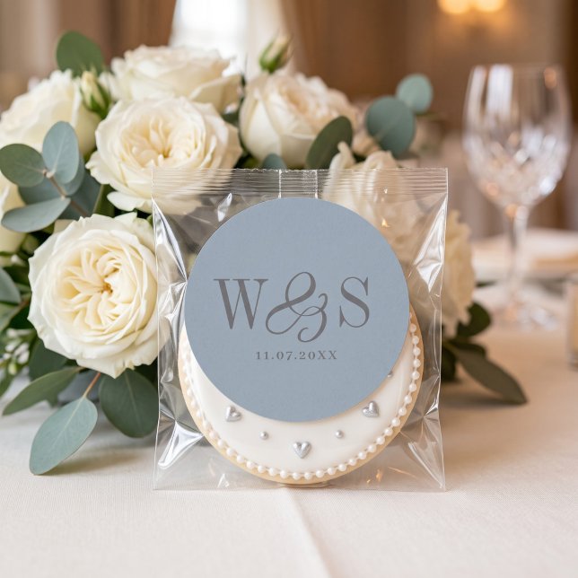 Elegant Dusty Blue initial wedding couples Classic Round Sticker (Creator Uploaded)