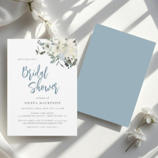 Elegant Dusty Blue Ivory Floral Bridal Shower Invitation