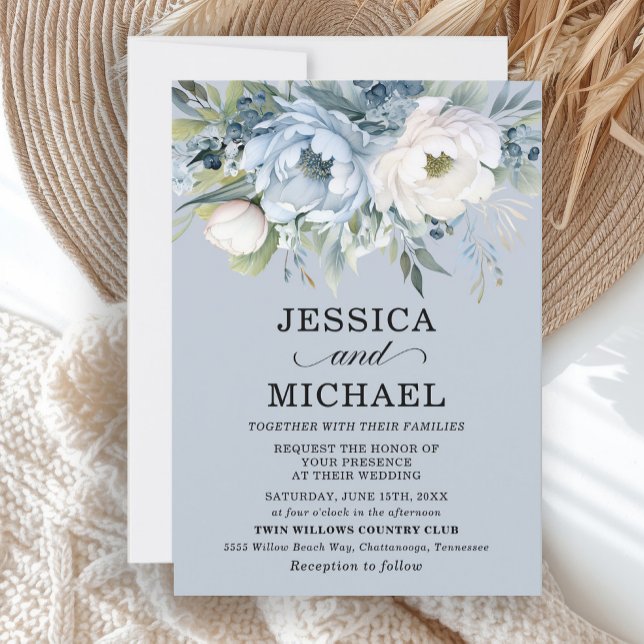 Elegant Dusty Blue Ivory Floral Leaves Invitation (Elegant dusty blue and white floral wedding invitation)