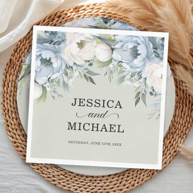 Elegant Dusty Blue Ivory Floral Sage Green  Napkin (Sage green wedding paper napkins with dusty blue and white watercolor flowers)