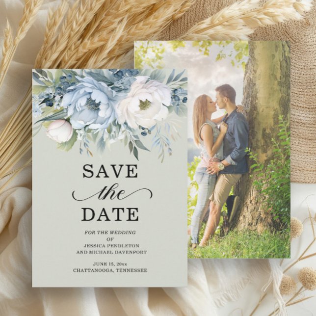 Elegant Dusty Blue Ivory Floral Sage Green Photo Save The Date (Dusty blue and white floral on sage green wedding Save the Date photo card)