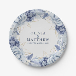 Elegant Dusty Blue & Light Blue Floral Wedding  Paper Plate