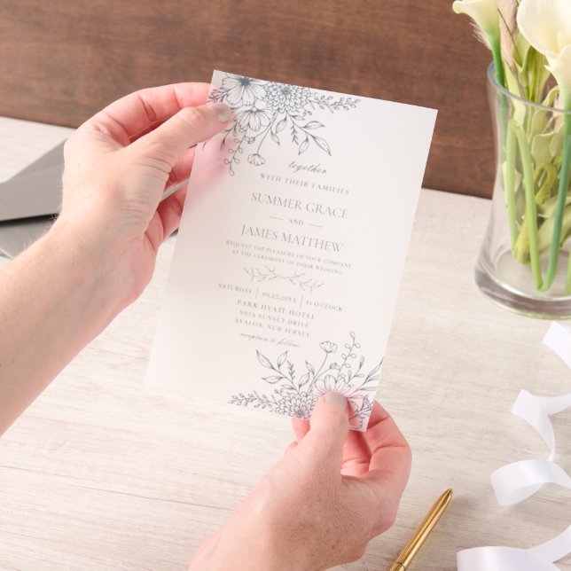 Elegant Dusty Blue Line Art Floral Wedding Vellum Invitations (Handheld)
